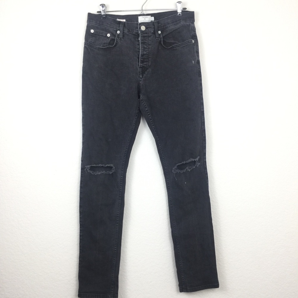 Topman Stretch Slim Black Ripped Jeans sz 32